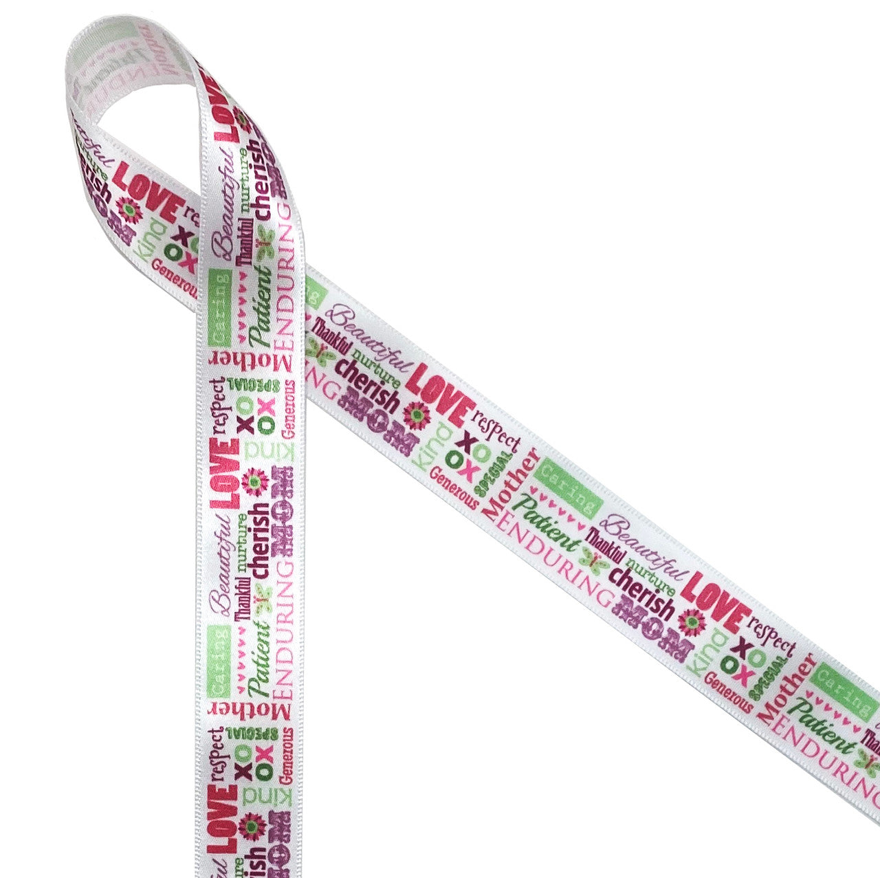 Mother's Day Mom ribbon in pink lettering with a pink, rose gold and sage  floral design printed on 1.5 white single face satin, 10 yards