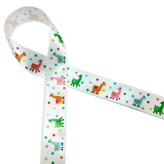 Llamas in pastel colors of pink, tangerine, blue and mint green dance along our 7/8" white single face satin ribbon! How sweet are these little creatures?