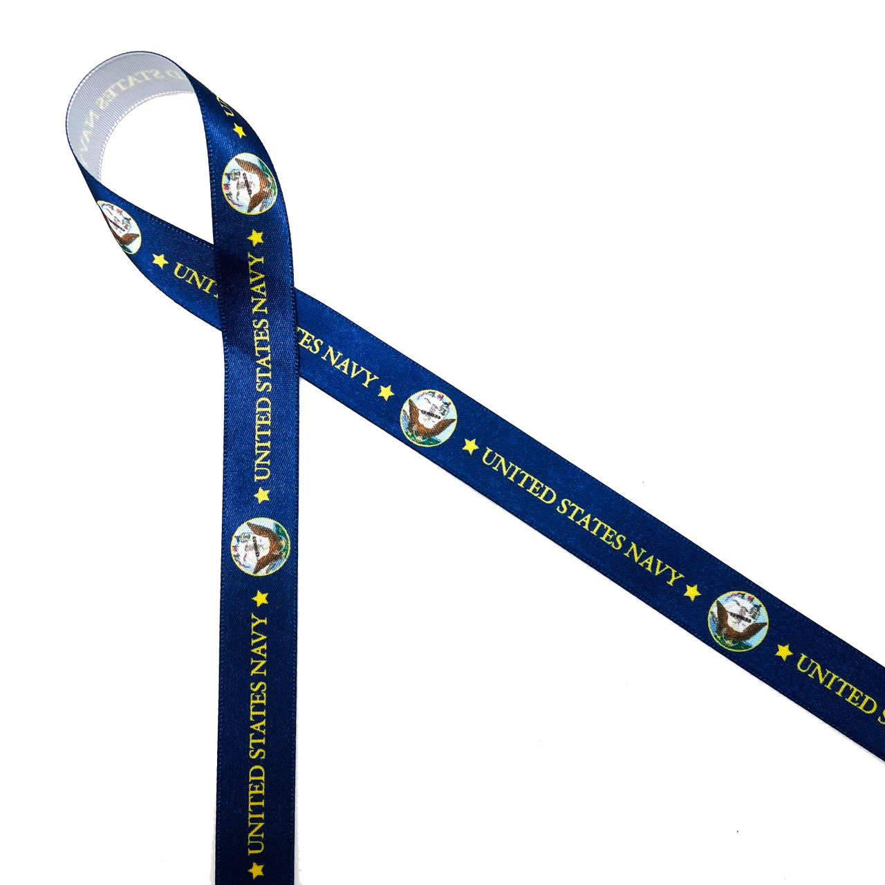United States Navy logo on Navy Blue ribbon 5/8" Single Face Satin