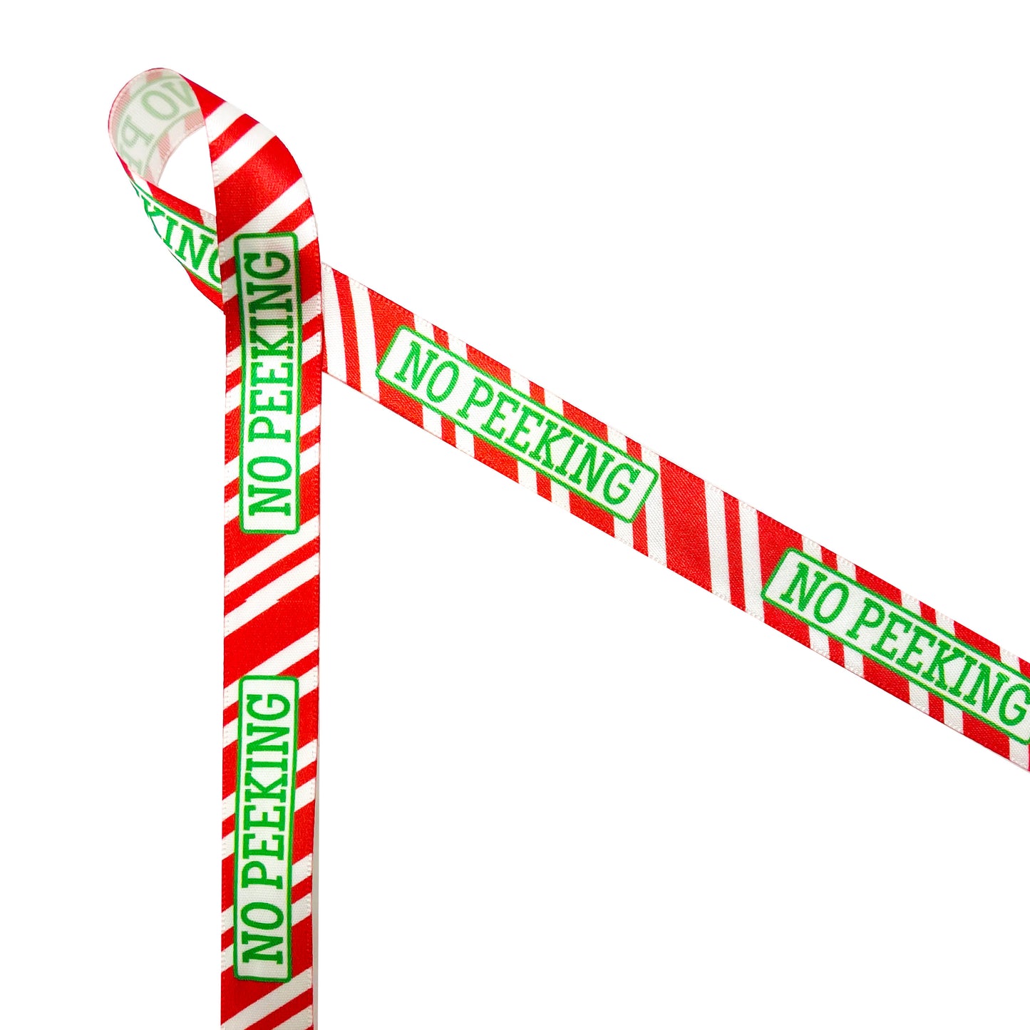 No Peeking! Christmas Ribbon in green with red and white stripes printed on 5/8" White SFS