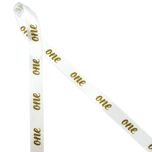First birthday ribbon One in gold printed on 5/8" white single face satin