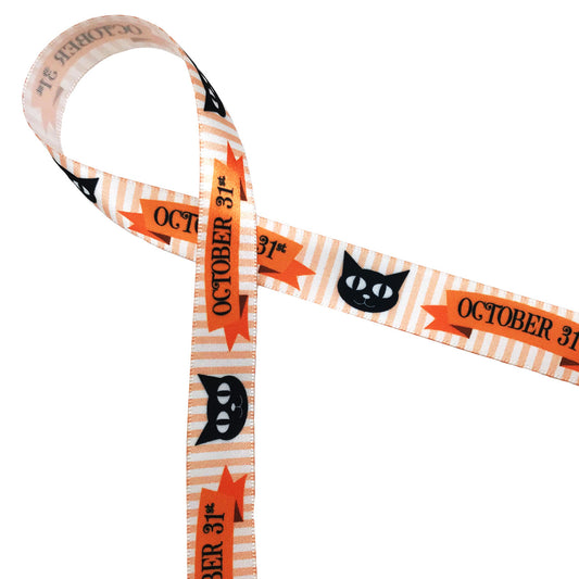 October 31st in black on and orange banner is paired with an adorable little black cat face along an orange and white striped background. This sweet little ribbon reminds us of the most fun day in October, Halloween! Make this ribbon part of your Halloween collection for parties and favors!
