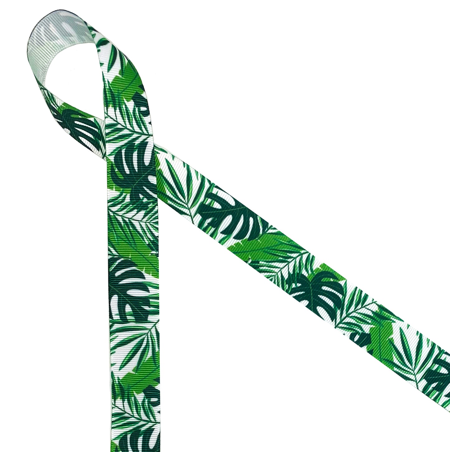 Palm Frond Ribbon tropical leaves in shades of green printed on  7/8" and 1.5"  white grosgrain