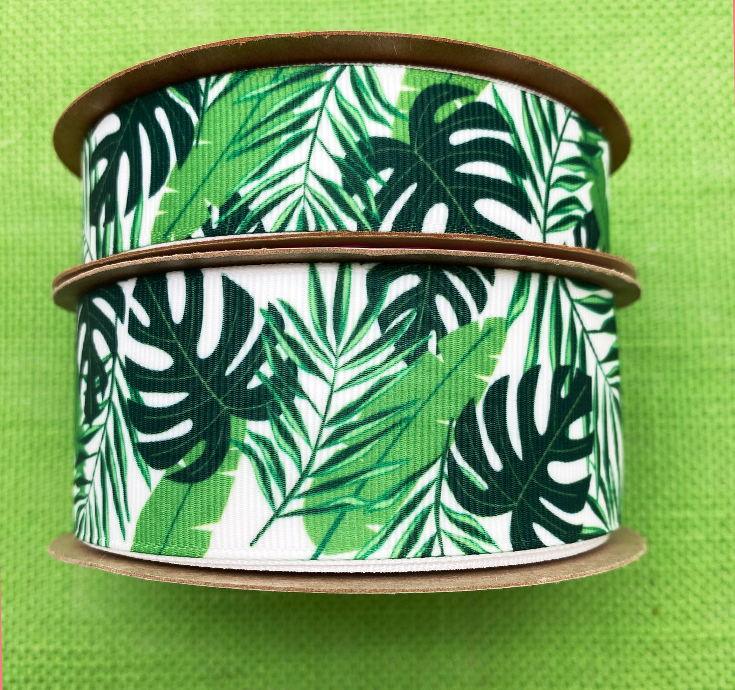 Palm Frond Ribbon tropical leaves in shades of green printed on  7/8" and 1.5"  white grosgrain