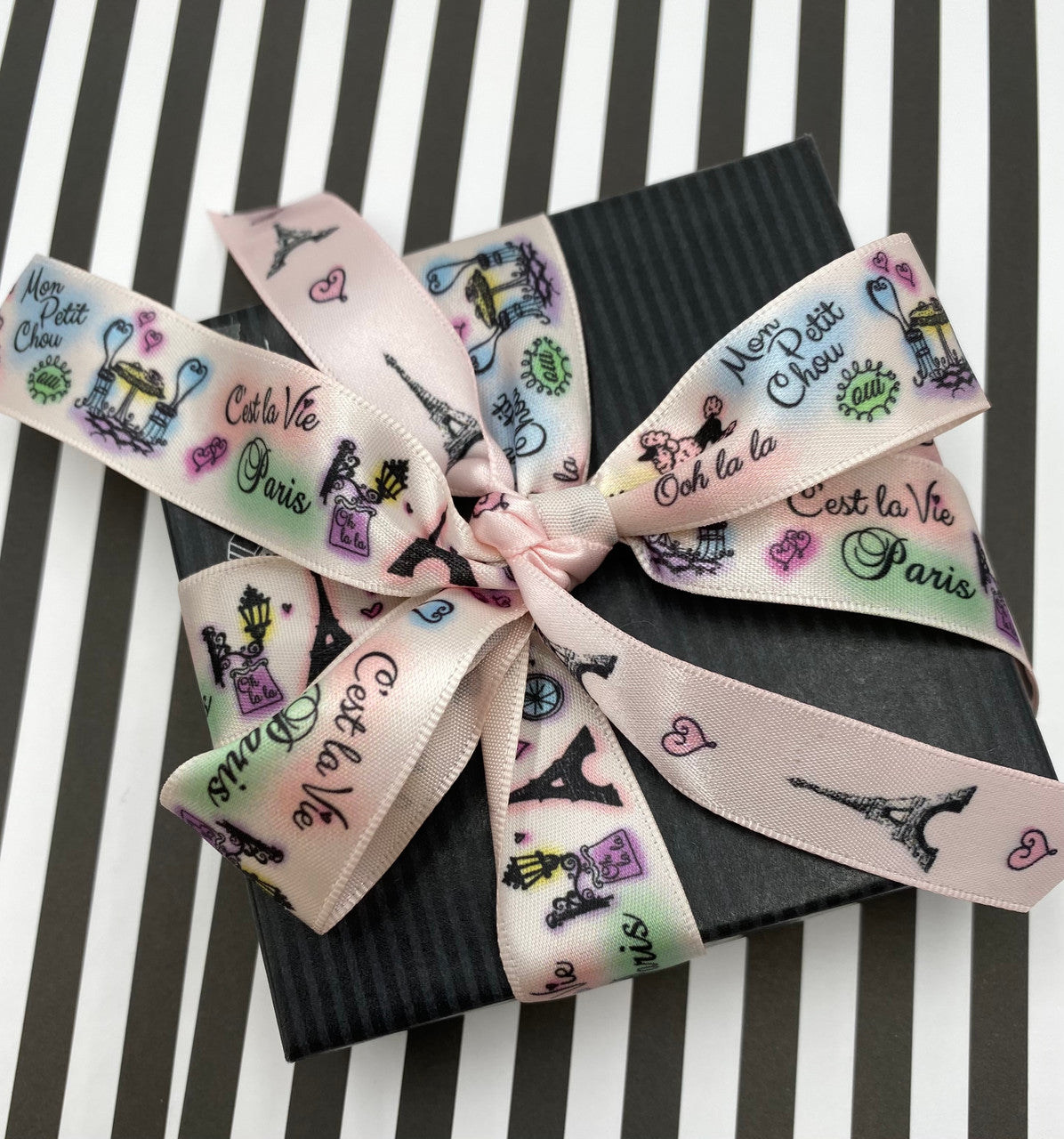 Wrap a gift for your Paris loving friend or family member combining our two beautiful Paris themed ribbon for a gift that will surely please!