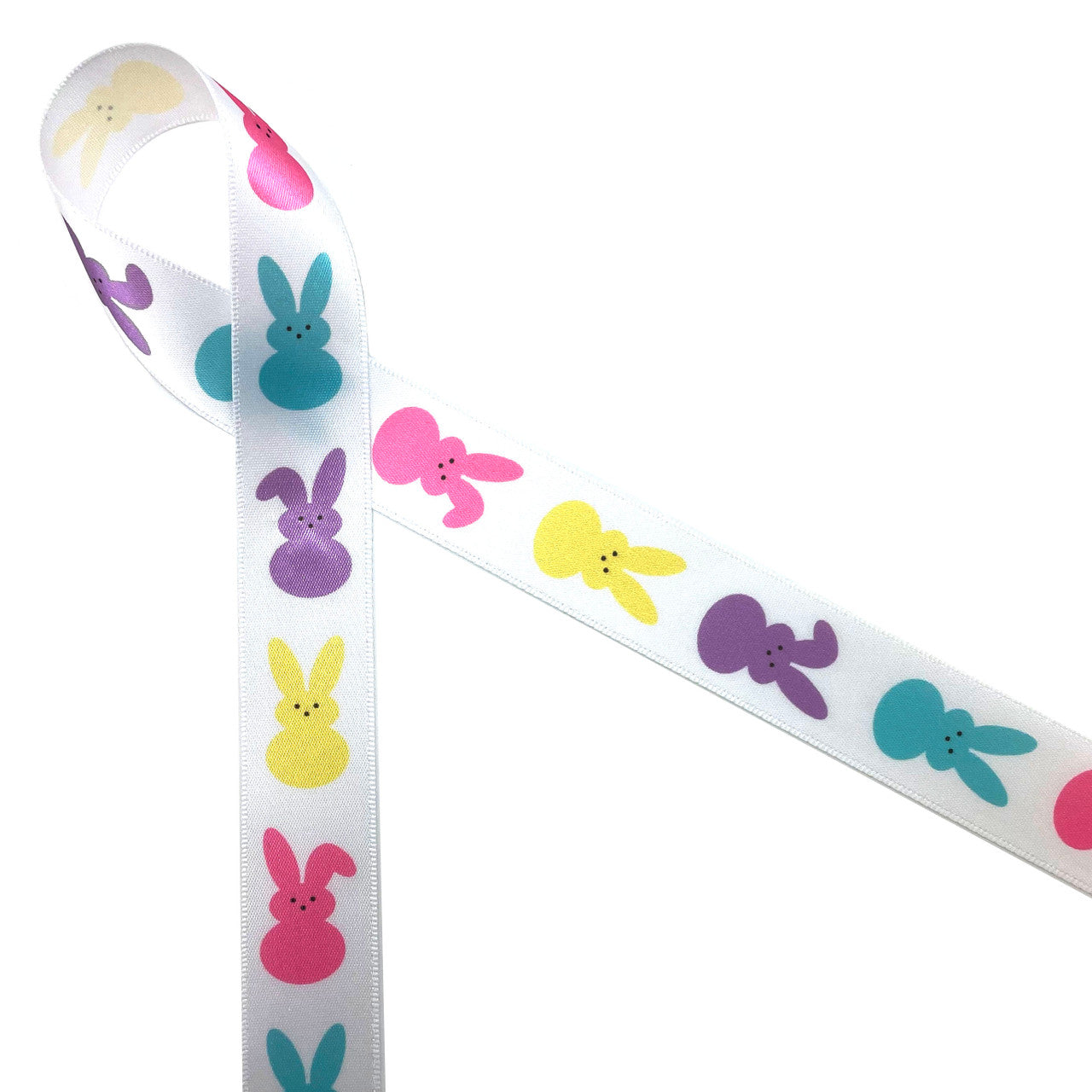 Happy Easter Ribbon with hopping bunnies printed on 5/8 white single face  satin