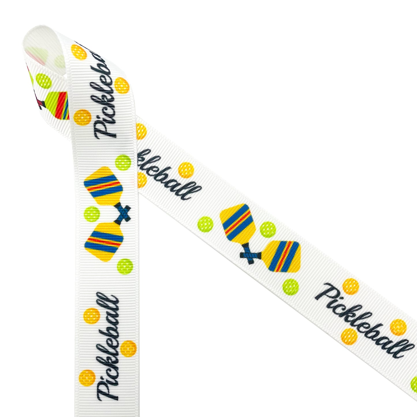 Pickleball Ribbon with green and yellow balls and paddles printed on 5/8" white satin and 7/8" grosgrain