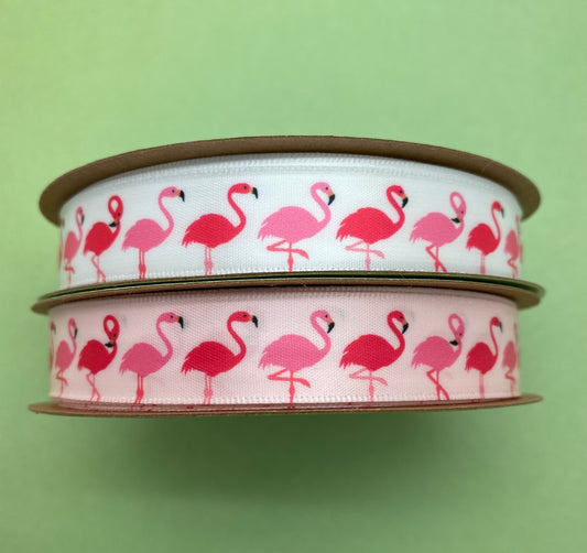 Flamingo Ribbon Pink Flamingos in a row printed on 5/8" White or Pink Single Face Satin