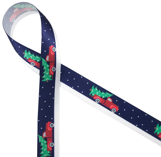 A vintage red pick up truck delivering the Christmas tree on a snowy night brings back memories of an old fashioned Christmas. Printed on 7/8" white single face satin, this ribbon is ideal for gifts, decorating and crafting.