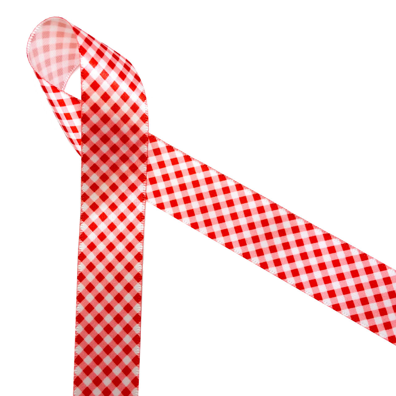 Gingham Check Ribbon in red and white printed on 7/8 white single face  satin