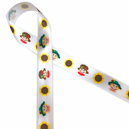 Scarecrows with sunflowers wearing fun little hats printed on 5/8" white single face will add lots of fun to your Fall crafts, packages, floral pieces, gifts and sewing projects. This is also a great width for cookies, treat bags and cake pops too ! Our ribbon is designed and printed in the USA