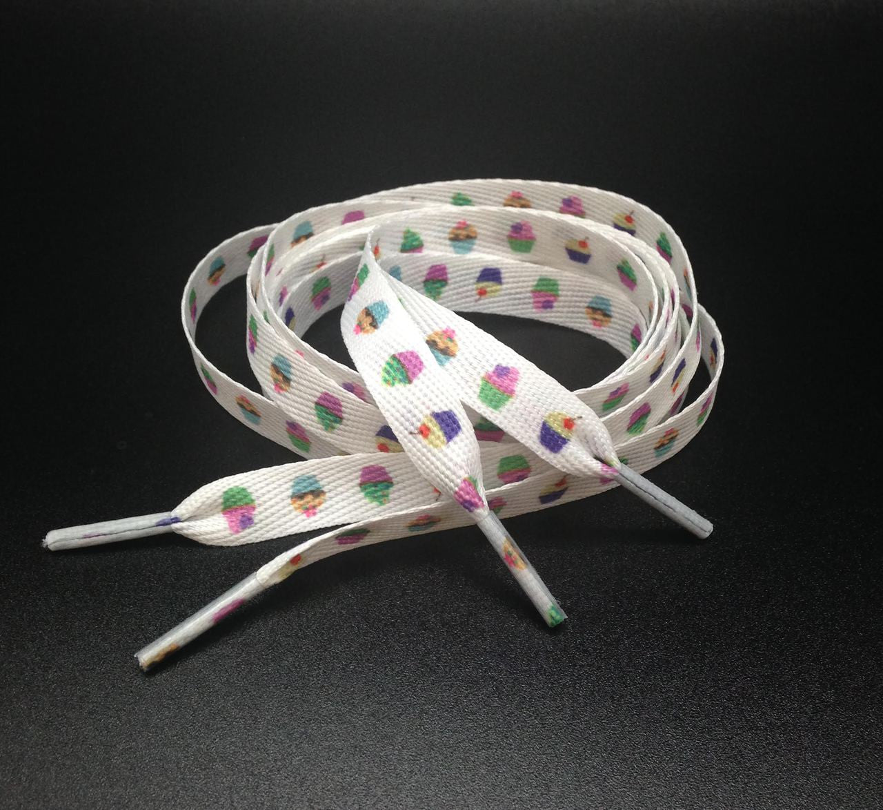 Shoelaces with Cupcakes in a row printed on standard woven material 45" long