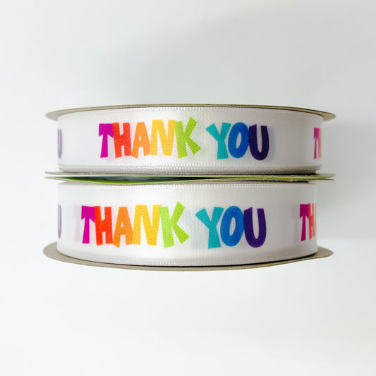 Thank you ribbon in rainbow block font printed on 5/8 and 7/8" white single face satin