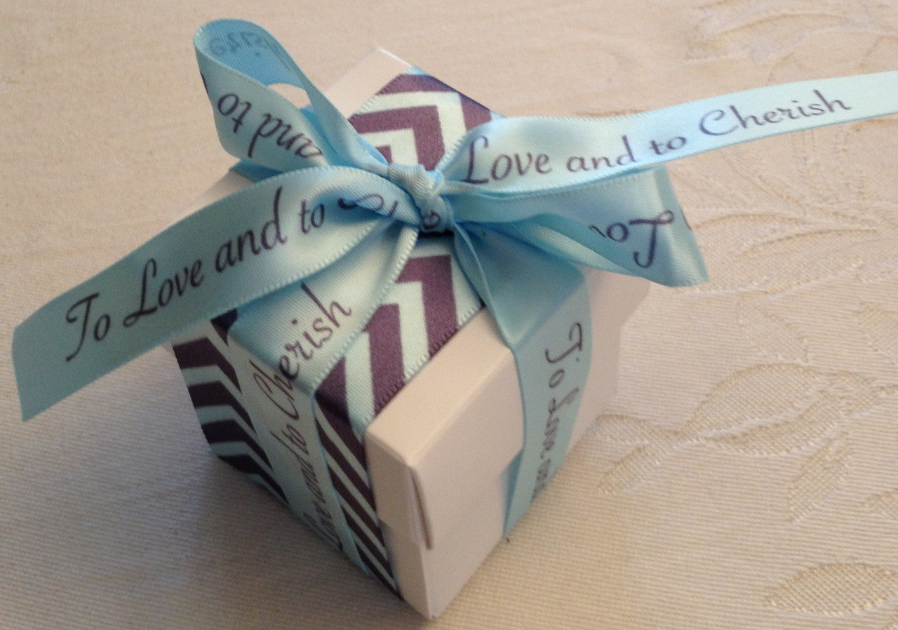 This couple combined our light blue and gray chevron and their personal expression of love on this very pretty favor box.