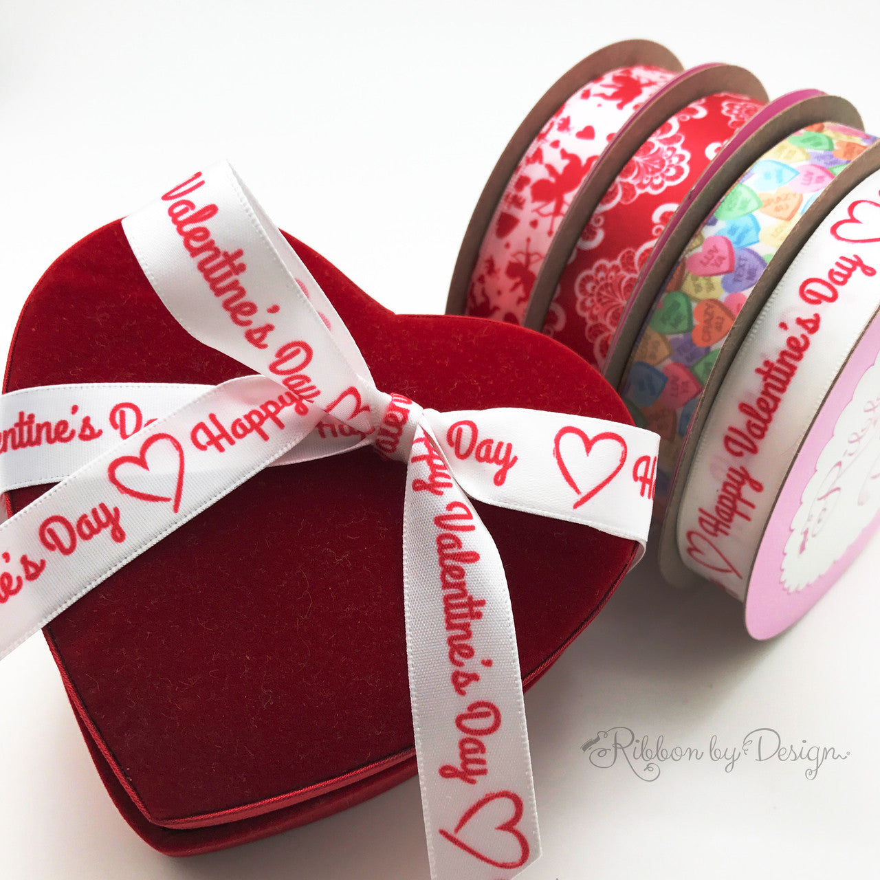 Happy Valentine's Day Ribbon with hearts  in red printed on 5/8" white single face satin