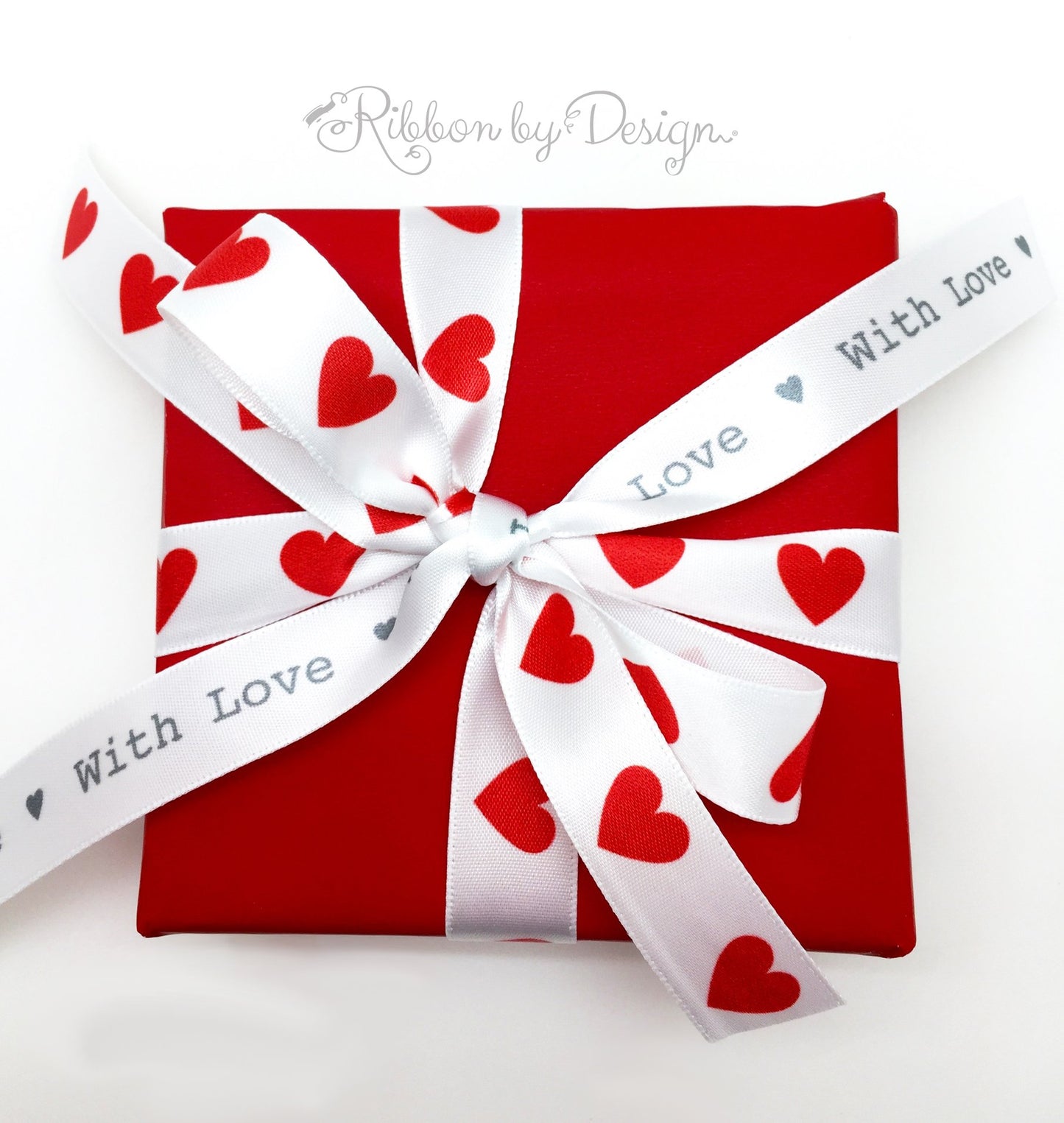 Hearts in a Row Ribbon in Red on 5/8" and 7/8" white single face satin ribbon