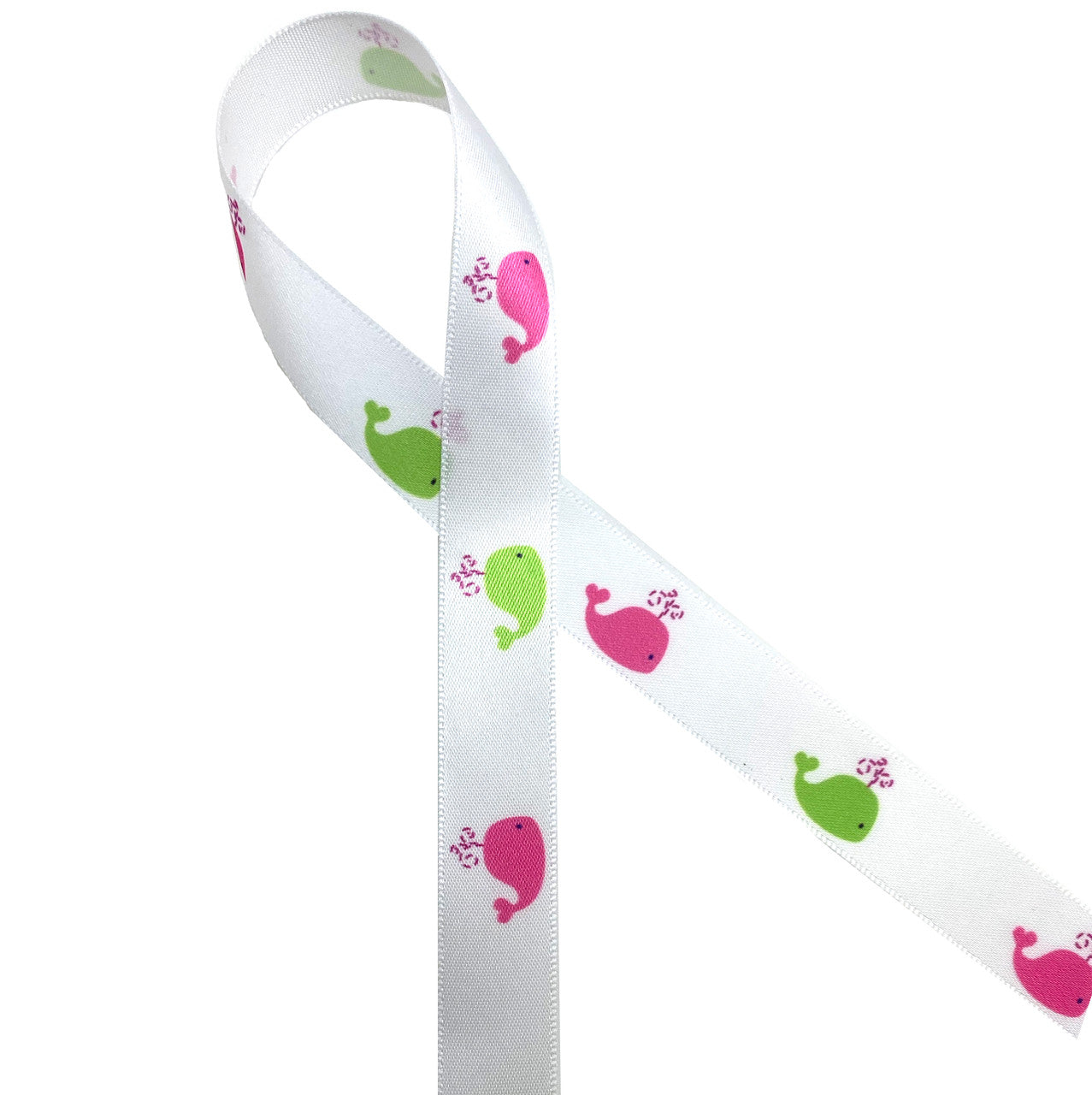 Pink and green whales printed on 5/8" white single face satin ribbon makes a fun preppy statement for Summer parties and Mother's Day gifts!