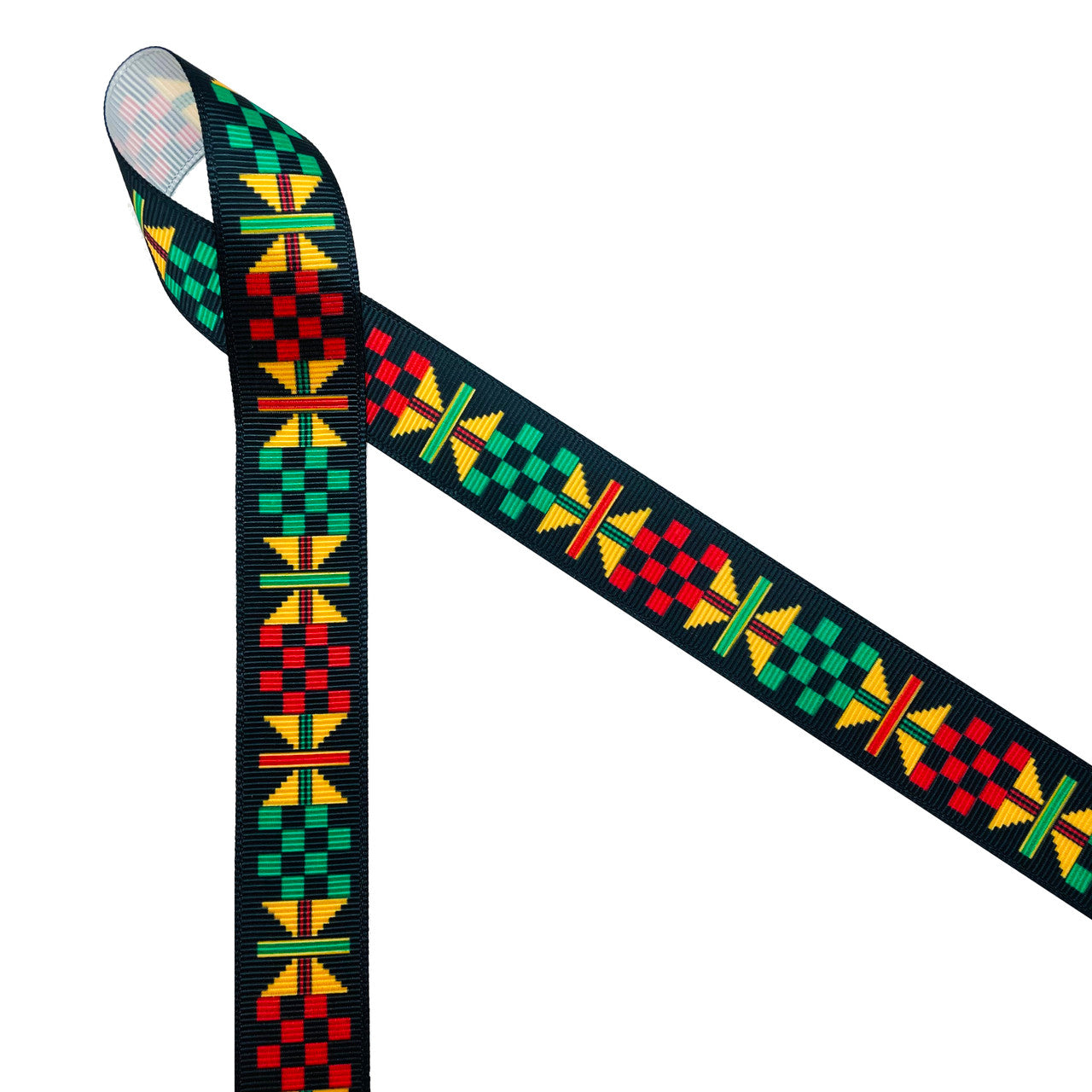Ankara Kente African design in traditional colors of yellow, green, red and black printed on 7/8" white grosgrain ribbon is an ideal ribbon for hair bows, headbands, sewing projects, crafts and festivals. All our ribbons are designed and printed in the USA