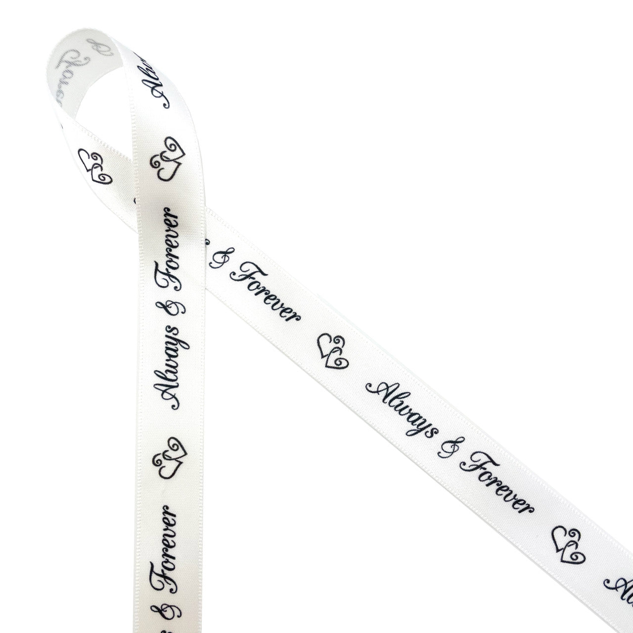 Always & Forever in a pretty script on 5/8" white single face satin ribbon is an expression of love and commitment. Make this sentiment part of your wedding by adding it to your favors!