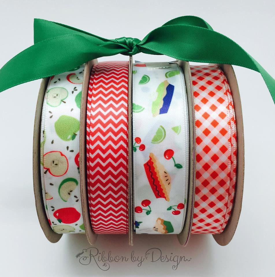 Pie Ribbon, tossed  with fruits and berries on 7/8" white single face satin