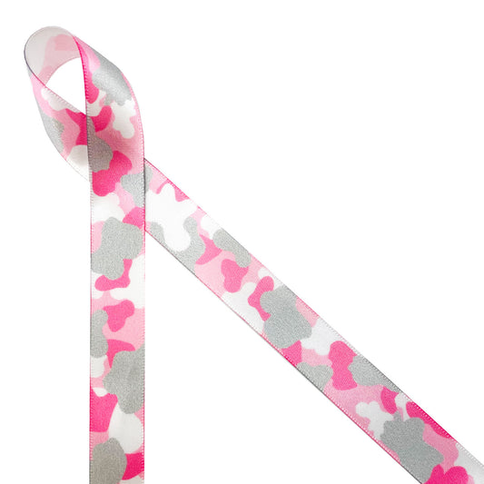 Pink and gray camouflage print on 5/8" white single face satin ribbon will add an element of fun to any girl baby gift! Designed and printed in the USA