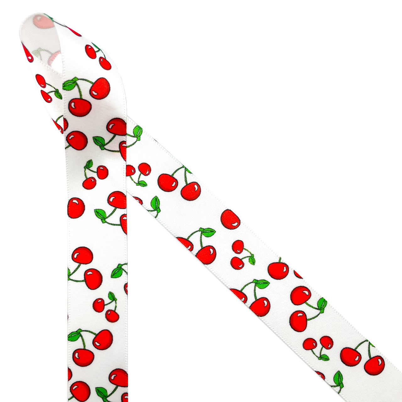 Red Cherries with stems and green leaves on7/8 white satin ribbon, 10 Yards