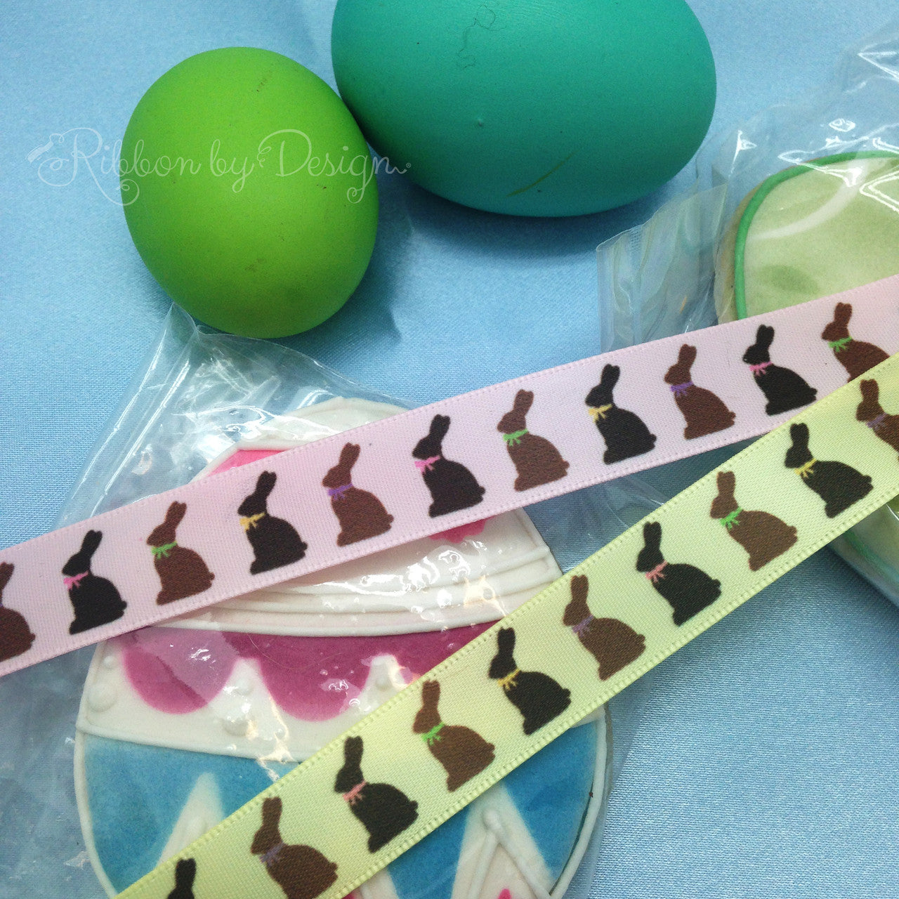 Chocolate bunnies come in three different colors and this special ribbon also wishes the gift recipient a Happy Easter!