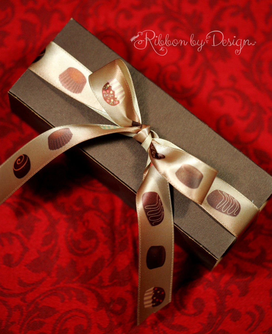 Chocolate Chocolates Ribbon on 7/8" Tan Single face Satin Ribbon