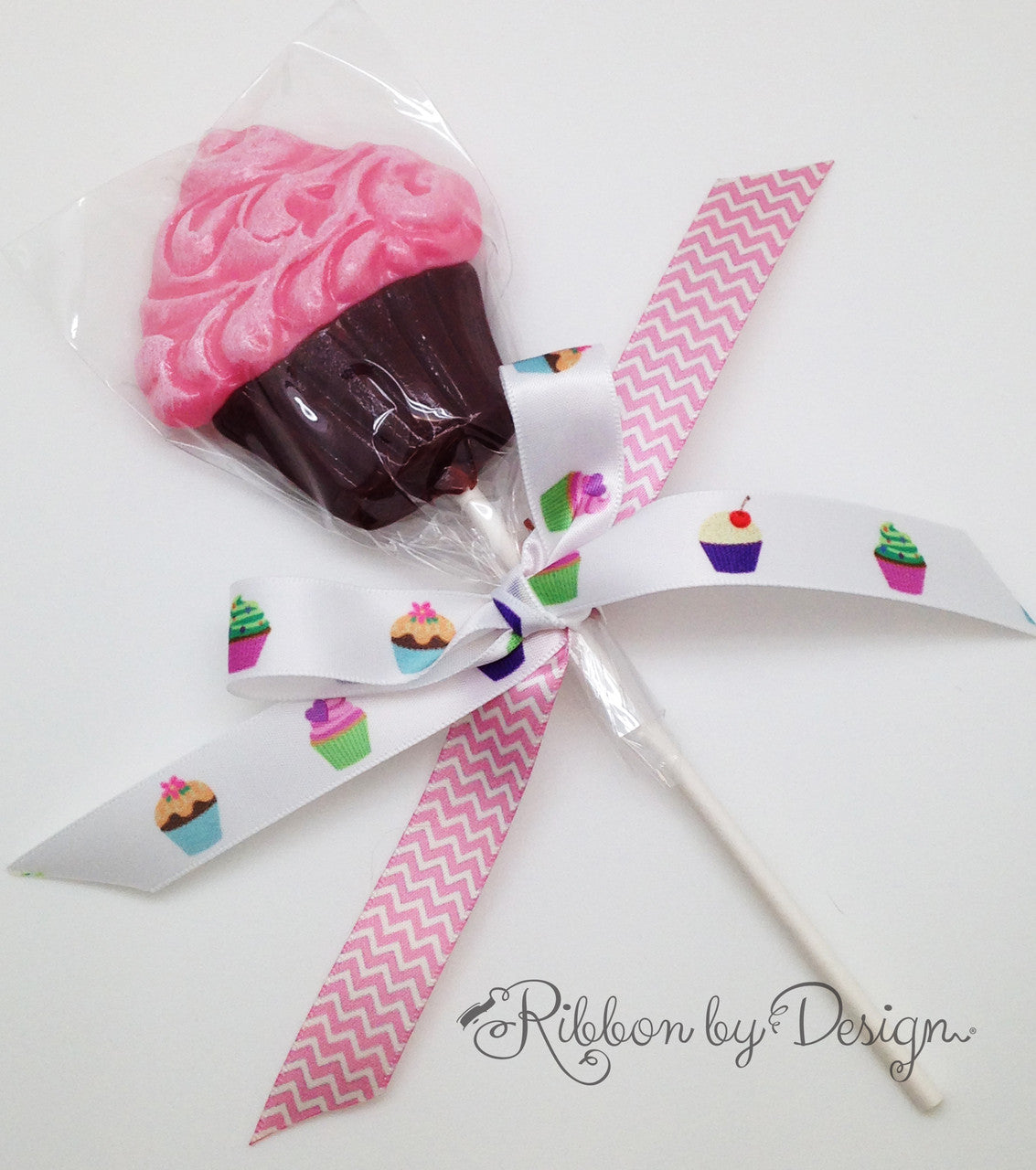 Cupcake ribbon printed on 5/8" white satin