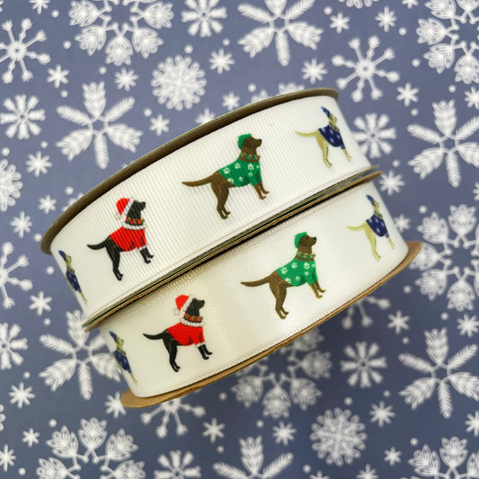 Labrador Retriever in holiday sweaters  ribbon printed on 7/8" white satin and grosgrain