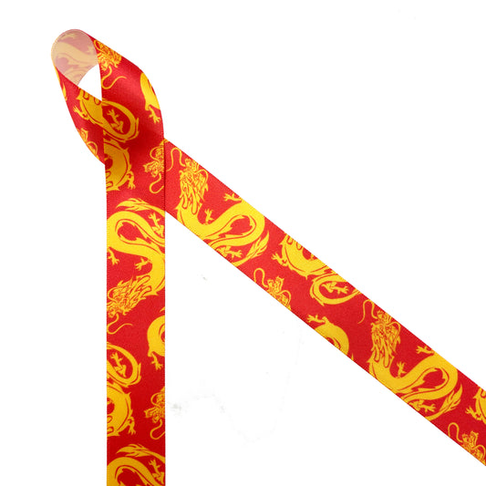 Dragon Ribbon Chinese New Year, Lunar New Year, gold dragons on a hot red background printed on 7/8" white single face satin