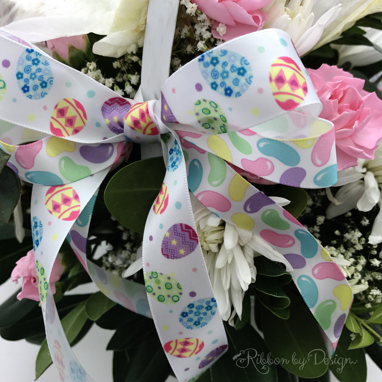 Jelly Beans Ribbon in pastel colors on 5/8" White Single Face Satin ribbon