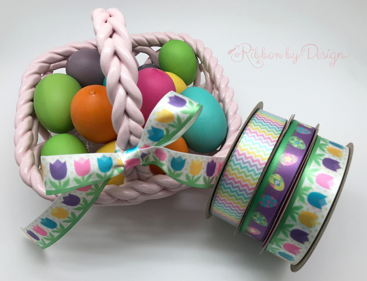 Easter Eggs Ribbon in the Grass on 5/8" white single face satin ribbon