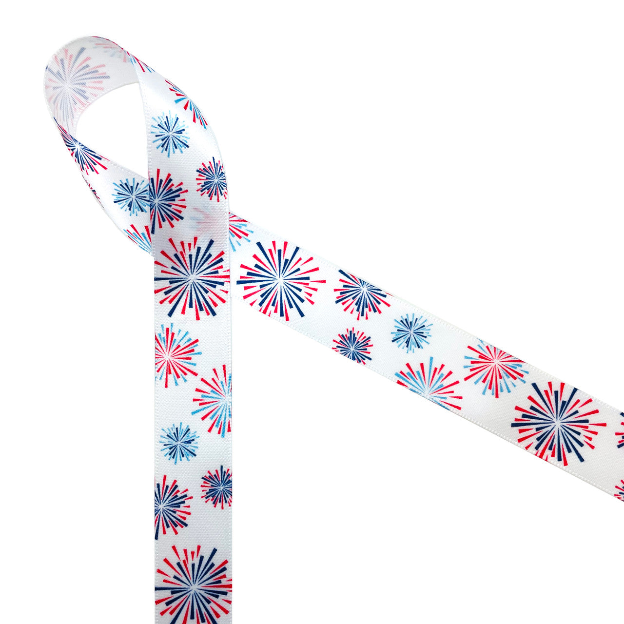 Patriotic ribbon with fireworks in red, white and blue for 4th ofJuly  printed on 7/8 white satin