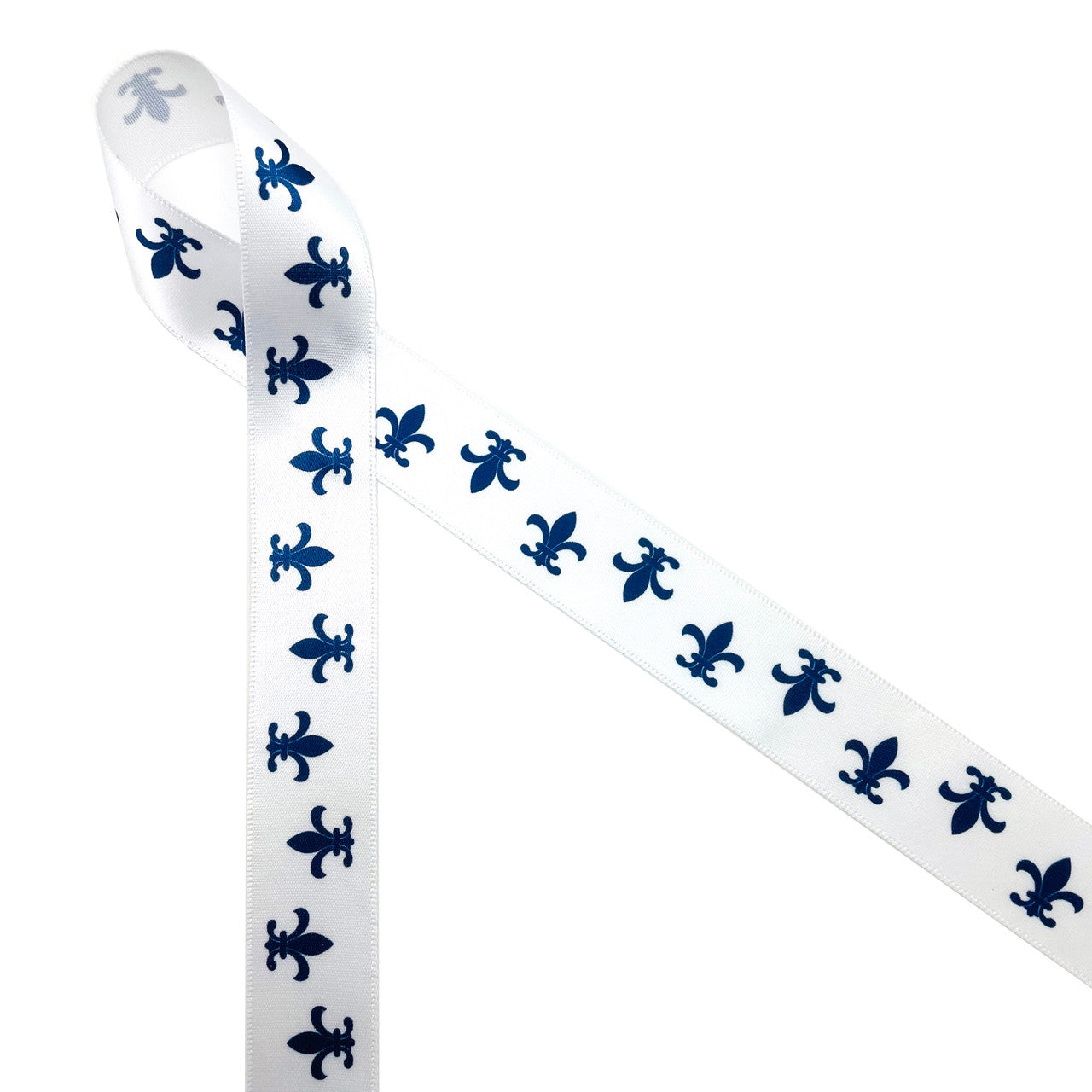 French Fleur de Lis in navy blue on 7/8 white satin ribbon