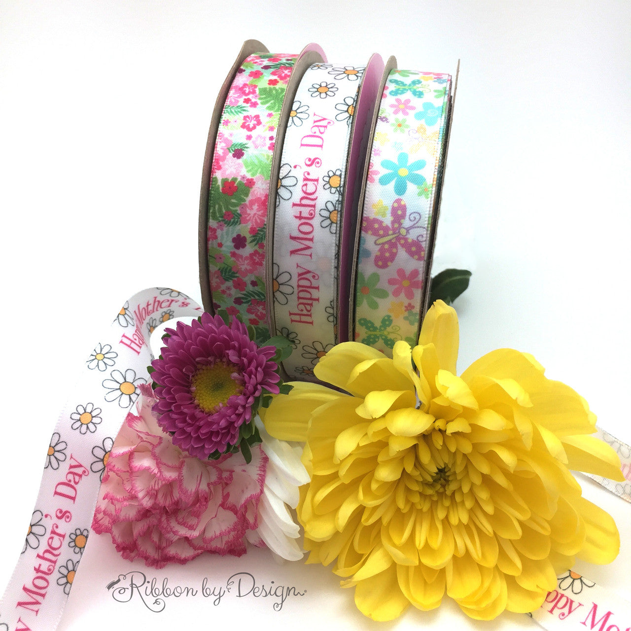 These little butterflies are a perfect compliment to our 5/8" Happy Mother's Day ribbon and pink floral designs! Mix and match these ribbons for a fun floral themed Mother's Day brunch!