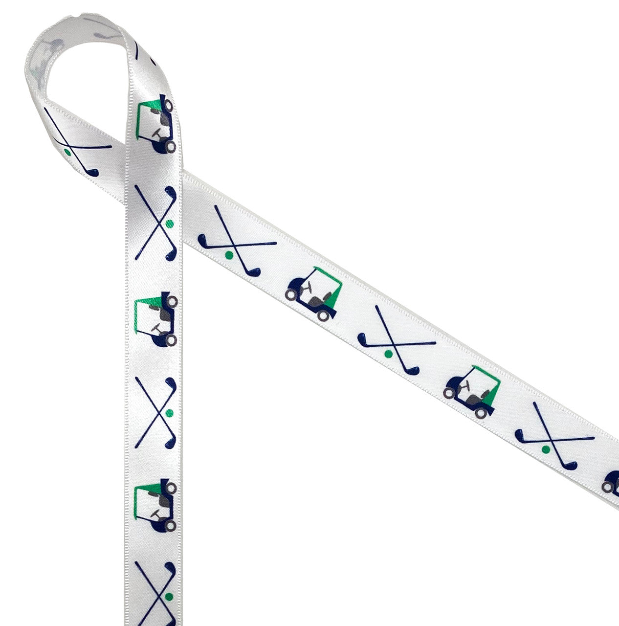 Golf carts with clubs in green and blue on 5/8" white satin ribbon is an ideal addition to your golf tournament gifts and favors. It's great for Father's Day too!