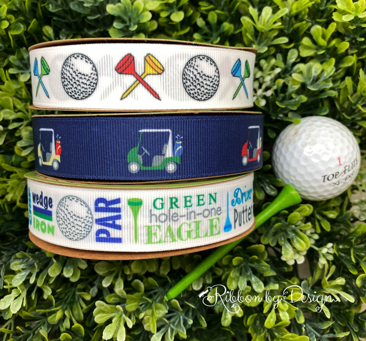 We have three grosgrain golf ribbons to mix and match for your next golf themed party!