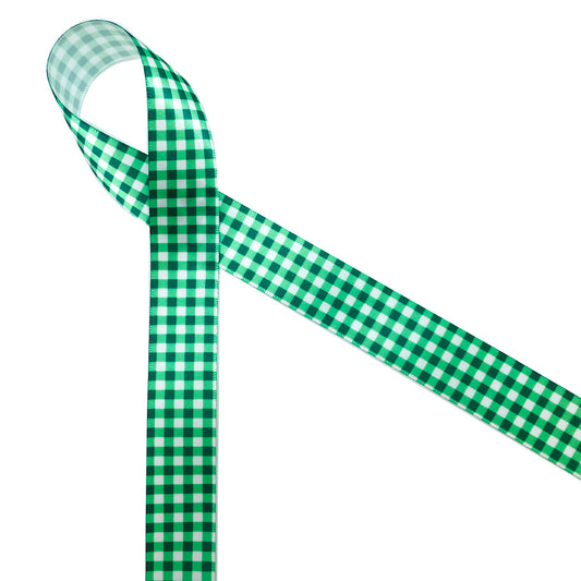 Green and white gingham check printed on 7/8" white single face satin ribbon is perfect for St. Patrick's Day and Spring decor. This is the perfect ribbon for preppy bridal and baby showers too. Use this ribbon for gift wrap, gift baskets and gift boxes. This is a great ribbon for candy shops, chocolatiers, quilters and crafters too. All our ribbon is designed and printed in the USA