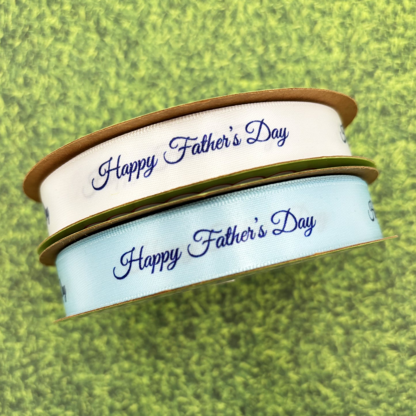 Happy Father's Day ribbon in navy blue on 5/8" white  or blue single face satin