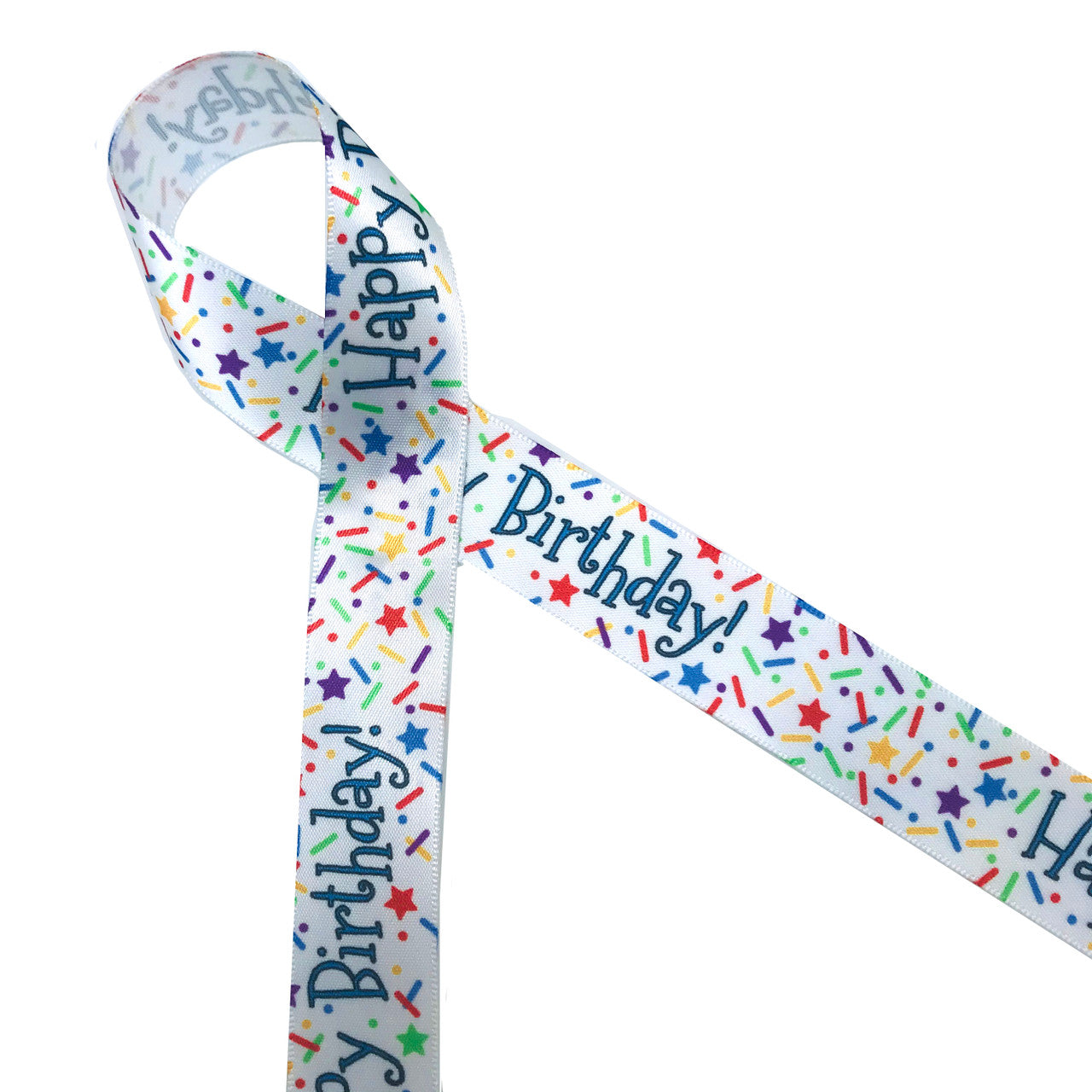 Rainbow birthday ribbon with a rainbow sprinkle background printed on  75/8white single face satin ribbon, 10 yards