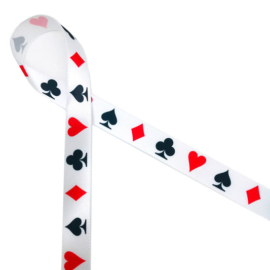 Playing card suits featuring red diamonds and hearts and black clubs and spades printed on 5/8" white single face satin ribbon is the ideal ribbon for any card playing themed event. Be sure to tie the prizes and favors with this fun ribbon!