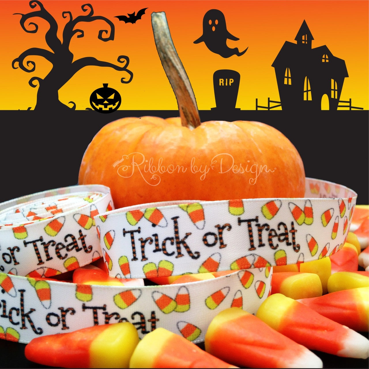 Trick or Treat Ribbon with candy corn on 5/8" white single face satin ribbon