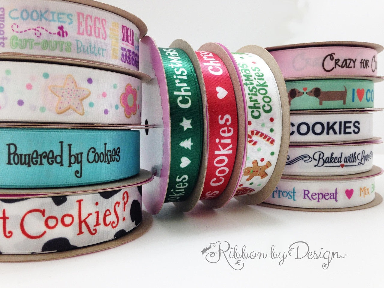 Christmas Cookies Ribbon in white on Green 5/8" Single Face Satin Ribbon
