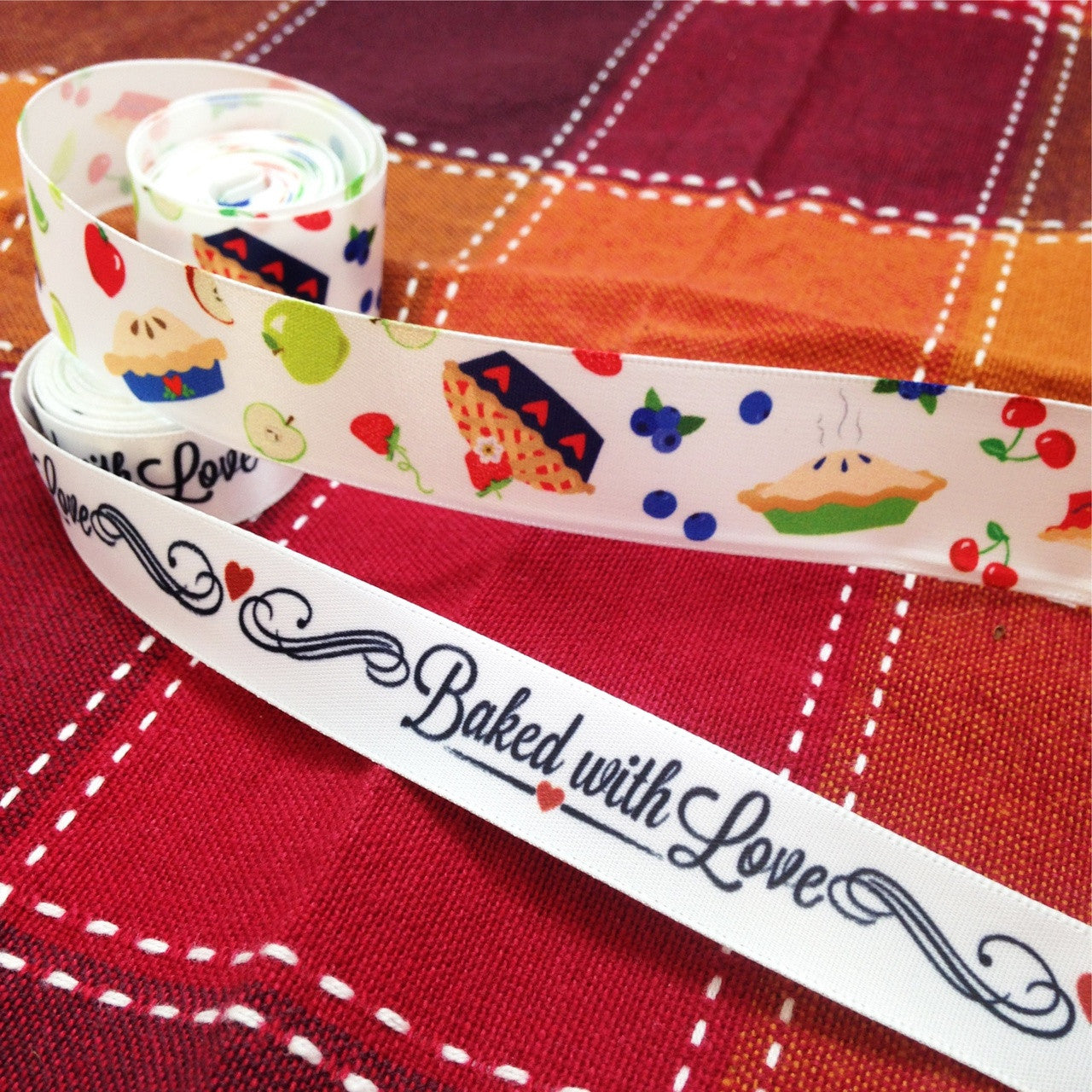 Pie Ribbon, tossed  with fruits and berries on 7/8" white single face satin