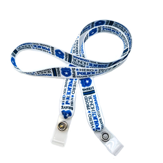 24" mask holder with soft plastic snap closures printed with our Police Officer word block design printed on both sides on  5/8" Ultra Lanyard material is  perfect for adults to keep track of face masks at  work, school, sports practice, lunch and break time.