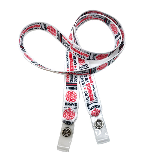 24" mask holder with soft plastic snap closures printed with our Firefighter word block design printed on both sides on  5/8" Ultra Lanyard material is  perfect for adults to keep track of face masks at  work, school, sports practice, lunch and break time.