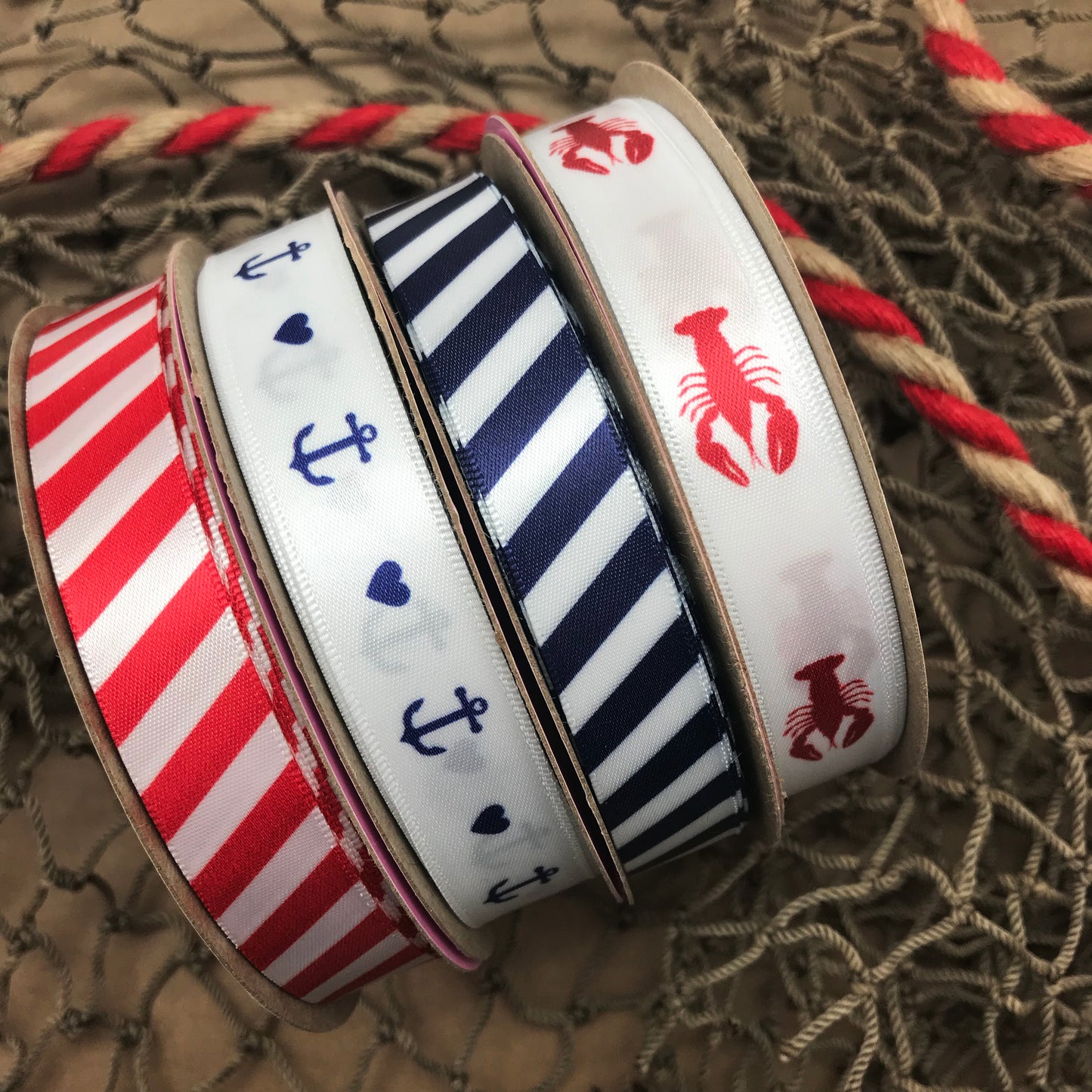 Anchors and hearts ribbon navy blue ink printed on 5/8" white single face satin