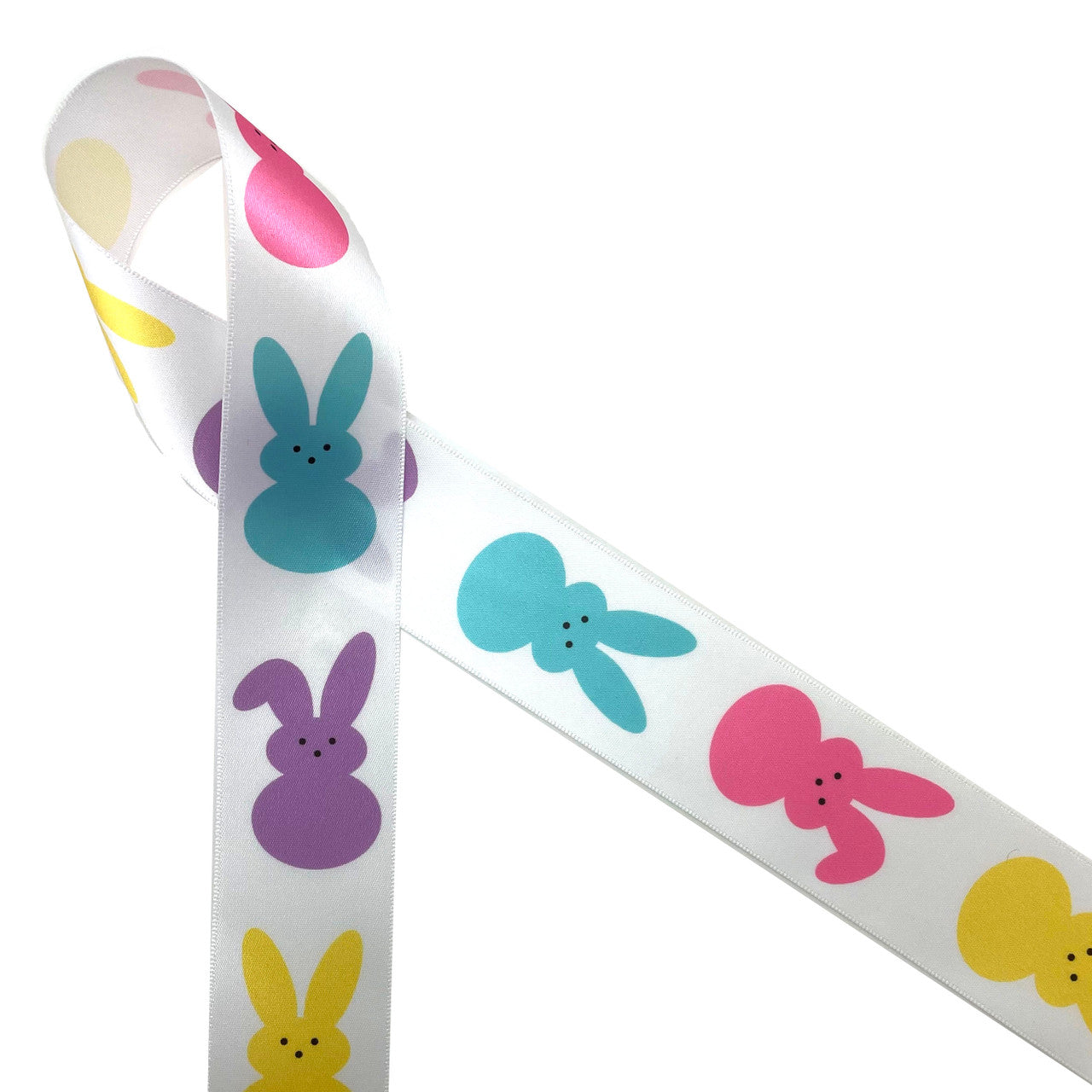 Easter ribbon peeps bunnies printed on 1.5 white satin