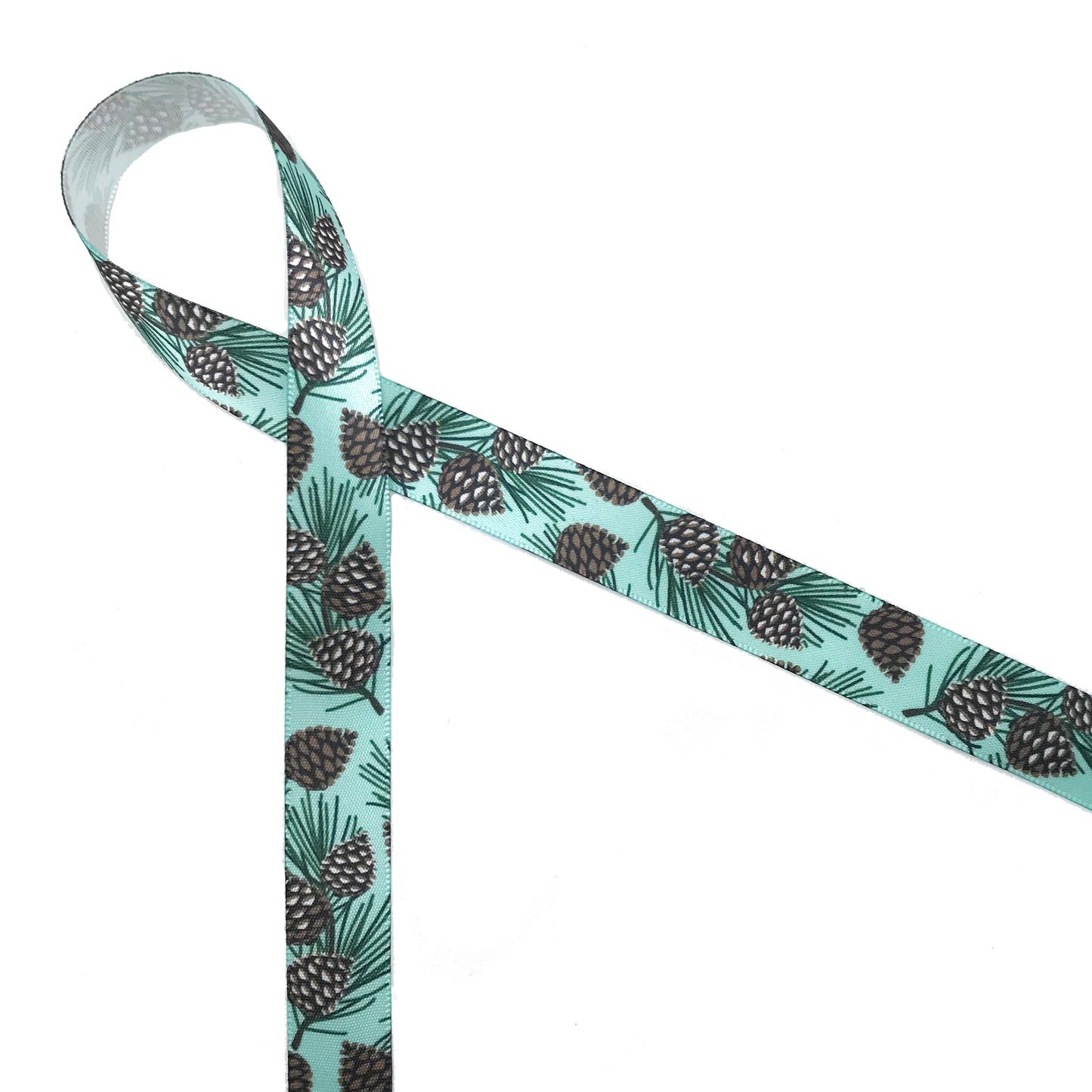 Pine cones ribbon with branches and needles on a white background printed on 5/8" white single face satin